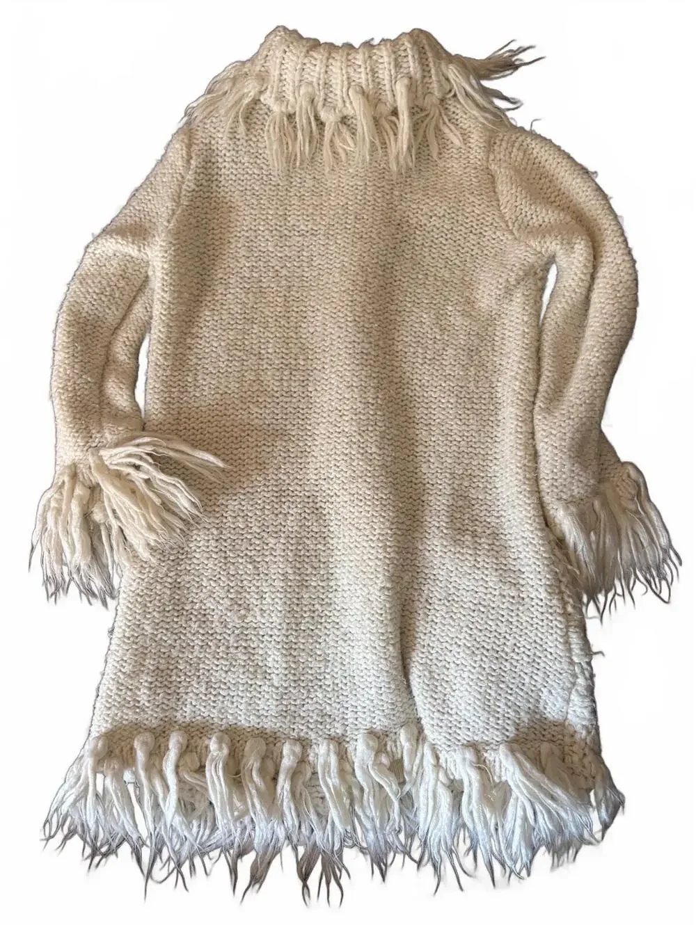 cream cable-knit long cardigan sweater coat with fringe trim - Girls Size 5/6